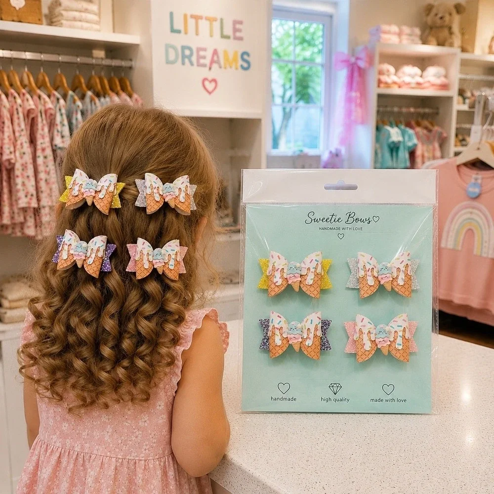 Sweetie Bows 4Pc Kids Ice Cream Glitter Hair Bow Set Alligator Clips Handmade
